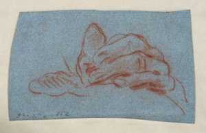 Estudo de uma mão esquerda, c.1750-1754 (giz vermelho com picotado sobre papel azul) de Giovanni Battista (attr. to) Tiepolo