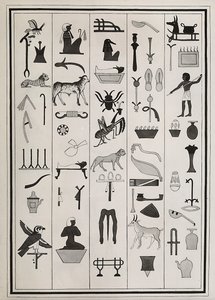 Desenhos das decorações de dentro do túmulo do faraó Psamético I, reproduzidos em 1817 por Giovanni Battista Belzoni, alojados no Museu Britânico, Londres