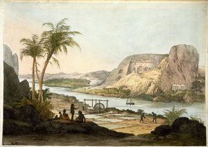 Vista exterior dos dois templos em Abu Simbul, a partir de placas ilustrativas das Pesquisas no Egito e na Núbia, publicadas em 1822
