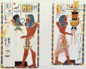 Dois murais das Tumbas dos Reis de Tebas, descobertos por G. Belzoni, quadro 5 de "Placas Ilustrativas das Pesquisas no Egito e na Núbia", gravadas por Charles Hullmandel (1789-1850) 1820-22