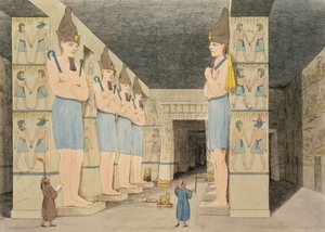 Vista do interior do templo em Ybsombul, Nubia, descoberto por Giovanni Belzoni, gravado por Agostinho Aglio (1777-1857), placa 48 de "Placas Ilustrativas das Pesquisas no Egito e na Núbia,