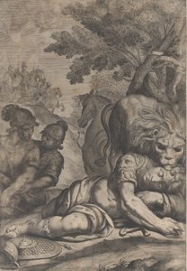 Um leão em cima de um cavaleiro caído à direita, com dois outros soldados à esquerda, 1640-70.