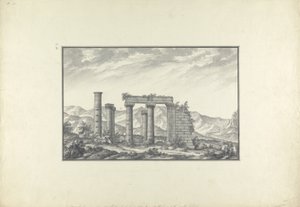 Vista das ruínas de um templo iônico em Sardes, provavelmente o Templo de Netuno, c.1750 (lavagem cinza, caneta e tinta e lápis sobre papel) de Giovanni Battista Borra