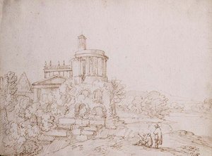 Fantasia, Vista com a Pirâmide de Caius Cestus e o Templo das Sibilas (tinta marrom sobre giz preto sobre papel) de Giovanni Battista Busiri