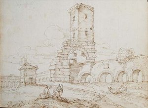 Figuras em frente de um Aqueduto (tinta castanha sobre giz preto no papel) de Giovanni Battista Busiri