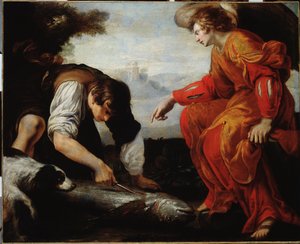 Tobie Meets the Archangel Raphael (Tobias Meets the Archangel Raphael) Pintura de Giovanni Battista Carlone (1592-1677) Genes do século XVII, Musei di Strada Nuova (ex Palazzo Bianco)