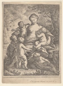 Charity, sentado em uma paisagem cercada por cinco crianças nuas, 1692-1727. de Giovanni Battista Catenaro