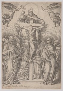 A Trindade, com a crucificação no centro e santos em ambos os lados, 1586. de Giovanni Battista Cavalieri