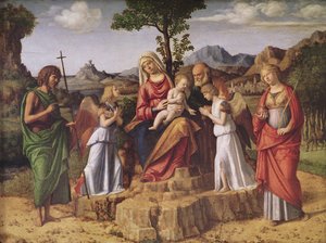 Santa Conversa (A Sagrada Família rodeada de anjos, Santa Luzia e São João Batista), parando antes do vôo para o Egito, c.1490