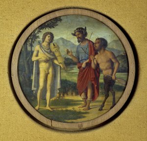 Capa de teclado com ilustração de Apollo (com lira) e Marsyas de Giovanni Battista Cima da Conegliano