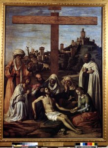 Inscrição "La deposition" "INRI" sur la croix. Peinture de Giovanni Battista Cima da Conegliano (vers 1459-1517) 16eme siecle Dim. 199x148 cm Musee Pouchkine, Moscou de Giovanni Battista Cima da Conegliano