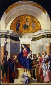 Virgem e o Menino com os Santos João Batista, Cosme e Damião, Catarina e Paulo, ca 1506-1507 de Giovanni Battista Cima da Conegliano