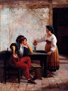 Jovem criado numa estalagem e um soldado Pintura de Giovanni Battista Crosa (activo entre 1859 e 1882) 1865 Dim 98x64 cm Genes, Galleria d