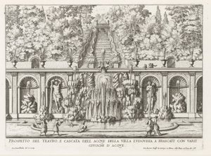 Cascade en Teatro delle Acque in de tuinen van de Villa Torlonia te Frascati
Prospetto del teatro e cascata dell