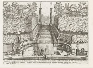Cascade in de tuinen van de Villa Aldobrandini te Frascati
Cascata acima do teatro da Villa Aldobrandina di Belvedere em Frascati (...) (título sobre o objecto)
Fontes das vilas de Frascati (título da série)
Fonteinen van Frascati (título da série) de Giovanni Battista Falda