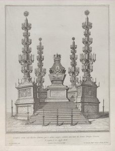 Catafalco para o Papa Clemente X: estrutura central erguida sobre plataforma de 15 degraus, com c..., 1676.