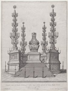 Catafalco para o Papa Clemente X, estrutura central no topo de uma plataforma de quinze degraus, com..., 1676.