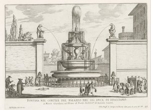 Fontein in de binnenplaats van Palazzo Taverna te Rome Fonte no pátio do Sr. duque de Bracciano (título no objeto) Fontes de Roma (título da série) Fonteinen van Rome (título da série) de Giovanni Battista Falda