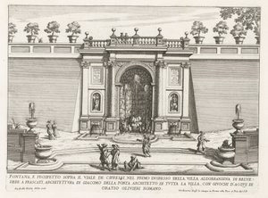 Fontein in de tuinen van de Villa Aldobrandini te Frascati
Fonte e elevação acima da avenida do cipreste (...) (título sobre o objecto)
Fontes nas vilas de Frascati (título da série)
Fonteinen van Frascati (título da série) de Giovanni Battista Falda
