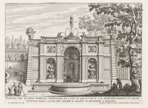Fontein in de tuinen van de Villa Aldobrandini te Frascati
Fonte na segunda entrada dupplicata da i lati (...) (título sobre o objecto)
Fontes nas vilas de Frascati (título da série)
Fonteinen van Frascati (título da série) de Giovanni Battista Falda