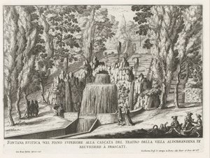 Fontein in de tuinen van de Villa Aldobrandini te Frascati
Fonte rústica no piso superior da cascata do teatro (...) (título sobre o objecto)
Fontes nas vilas de Frascati (título da série)
Fonteinen van Frascati (título da série) de Giovanni Battista Falda
