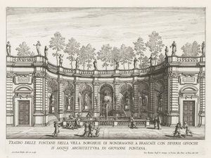 Fontein in de tuinen van de Villa Mondragone te Frascati Teatro das fontes da Villa Borghese de Mondragone em Frascati (...) (título no objeto) Fontes das vilas de Frascati (título da série) Fonteinen van Frascati (título da série) de Giovanni Battista Falda