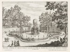 Fontein in de tuinen van de Villa Torlonia te Frascati
Fonte superior no cimo das escadas e cascata acima do teatro (...) (título sobre o objecto)
Fontes nas vilas de Frascati (título da série)
Fonteinen van Frascati (título da série) de Giovanni Battista Falda