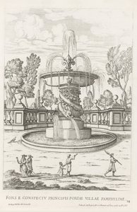 Fonte com golfinhos nos jardins de Villa Doria Pamphilj em Roma
Fons e conspectu principalis portae Villae Pamphyliae (título sobre o objecto)
Le fontane ne palazzi e ne giardini di Roma (título da série)
Fontes nos palácios e jardins de Roma (série tit de Giovanni Battista Falda