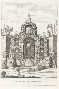 Fonte com pombos nos jardins da Villa Doria Pamphilj em Roma Columbae Pamphyliae fons (título no objeto) Le fontane ne palazzi e ne giardini di Roma (título da série) Fontes nos Palácios e Jardins de Roma (título da série) de Giovanni Battista Falda