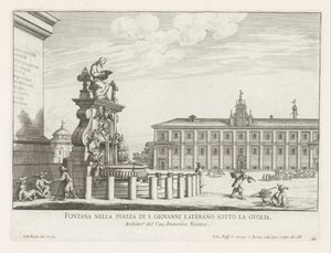 Fontein op Piazza di San Giovanni em Laterano te Roma Fonte na Piazza di S. Giovanni Laterano sob o pináculo (título no objeto) Fontes de Roma (título da série) Fonteinen van Rome (título da série) de Giovanni Battista Falda