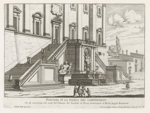 Fonte em frente ao Palazzo Senatorio no Capitólio em Roma Fontana su la Piazza del Campidoglio (título no objeto) Fontane di Roma (título da série) Fontes de Roma (título da série) de Giovanni Battista Falda