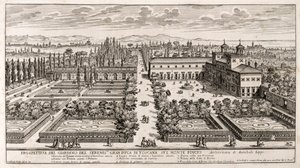 Perspectiva dos jardins da Villa Medici em Roma, gravura de Li Giardni (Os Jardins) de Giovanni Battista Falda (1640 ou 1643-1678)