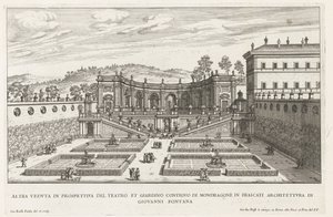 Tuinen van de Villa Mondragone te Frascati Outra perspectiva do teatro e jardim adjacente (...) (título no objeto) Fontes das vilas de Frascati (título da série) Fonteinen van Frascati (título da série) de Giovanni Battista Falda