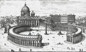 Cidade do Vaticano, Vista da Piazza San Pietro com a Basílica de São Pedro e os Palácios do Vaticano, gravada por Giovanni Battista Falda. 1665