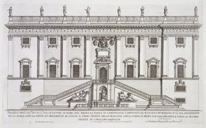 Vista da fachada do Palazzo Senatorio na Piazza del Campidoglio, Roma, iniciada por Michelangelo Buonarroti (1475-1564) e completada por Girolamo Rainaldi (1570-1655)