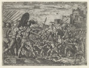 O exército de Romulus em batalha com os sabinos Romulus pro recuperando (...) in hostem vertit (título no objeto) Vidas de Rômulo e Remo (título da série)