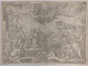 A visão de Ezequiel, com os mortos ressuscitando e se revestindo de sua carne, Deus Pai abo..., 1579.