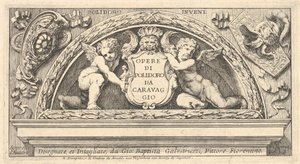 Placa de título para série de gravuras após Poloidoro, título em escudo apoiado por dois putti, 1658.