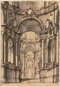 Design para um cenário: interior de um palácio com arcadas, meados da década de 1700. de Giovanni Battista III Natali