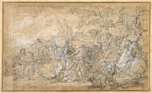 Cativos, incluindo um bispo, arrastados e encadernados antes do carro triunfal de um general romano (caneta e tinta castanha, caneta com a cor do corpo branca, sobre preliminares em giz preto sobre papel creme)