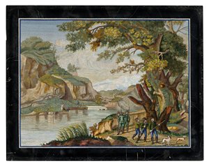 Uma imagem micromosaica italiana de uma festa de filmagem numa paisagem fluvial de Giovanni Battista Luchini