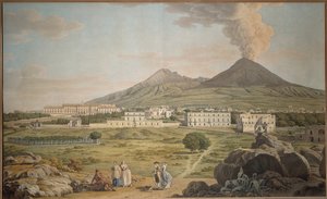 As encostas do Vesúvio a partir de Portici com vista para o Palácio dos Bourbon, de Giovan Battista Lusieri, guache.
