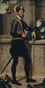 Um cavaleiro com seu capacete de justa, 1554-1558, 1936 de Giovanni Battista Moroni