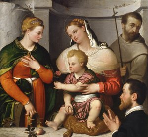 Madonna e Criança com Santa Catarina, São Francisco e o Doador, c.1550 (óleo sobre tela) de Giovanni Battista Moroni