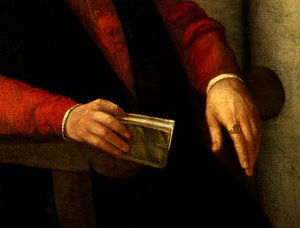 Retrato presumido de François Rabelais (1494-1553), escritor e médico francês. Detalhe do livro que ele segura na mão e do cavaleiro que carrega no dedo. Pintura de Giovanni Battista Moroni (1525-1578) de Giovanni Battista Moroni