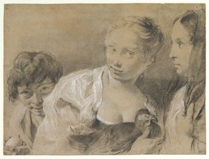 Rapaz com um ovo, rapariga com uma galinha e uma mulher a observar de Giovanni Battista Piazzetta