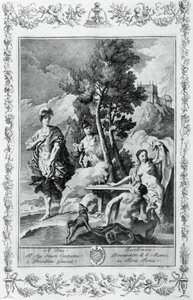 Carlo e Ubaldo nas Ilhas Feliz, gravura, de Giovanni Battista Piazzetta (1683-1754) para Canto XV de Jerusalém Entregue, de Torquato Tasso (1544-1595), Giovanni Battista Albrizzi edição, Veneza, Itália de Giovanni Battista Piazzetta