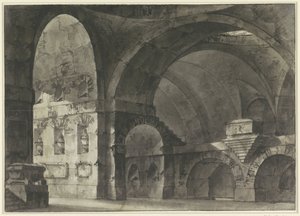 Interior de um grande edifício antigo com abóbadas de barril e uma estrutura em cúpula de Giovanni Battista Piranesi (attributed to)