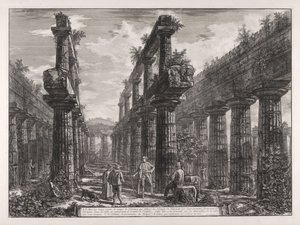 A., B. Vista dos restos das duas filas de colunas que se encontravam no Templo de Neptuno, que lateralmente formavam os pórticos na cella e sustentavam a cobertura do edifício ... de Giovanni Battista Piranesi