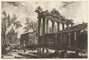 Altra Veduta degli avanzi del Pronao del Tempio del Concordia (Outra vista dos restos mortais do Pronaos do Templo da Concórdia [o Templo de Saturno com o Arco de Septímio Severo no fundo esquerdo]), de Vedute di Roma (Vistas de Roma) de Giovanni-Battista Piranesi